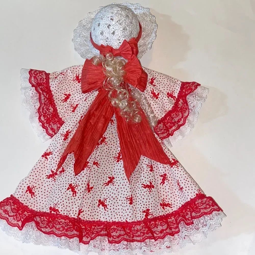 Charming Red and White Doll Dress with Hat Wall Decor Hand Craft